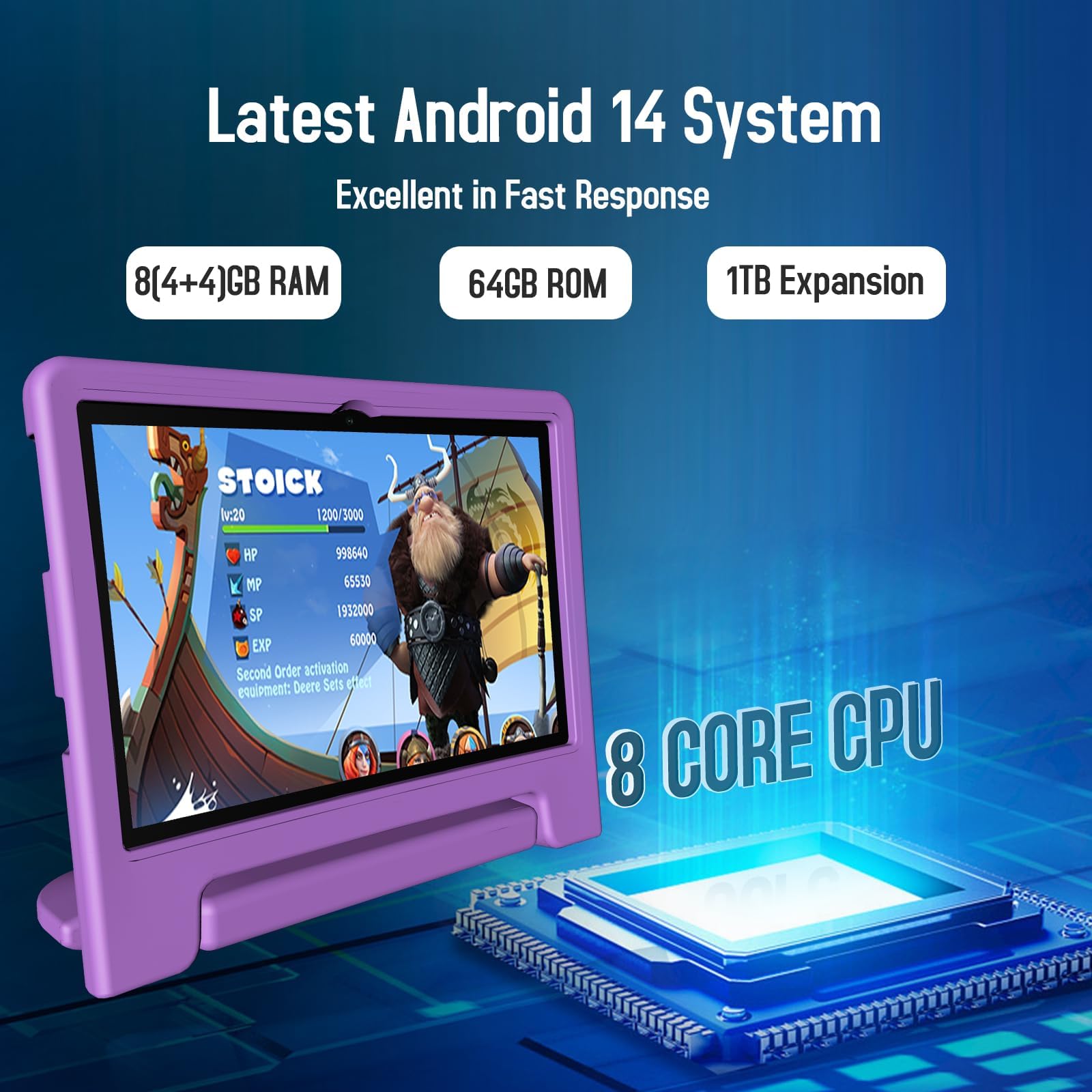 Tablet per Bambini 10 Pollici Android 14, Octa-Core 8GB RAM 64GB ROM, Espandibile fino a 1TB, 6000mAh, Controllo Parentale, Tablet Educativo con Custodia, Bluetooth WiFi, Doppia Fotocamera, GPS