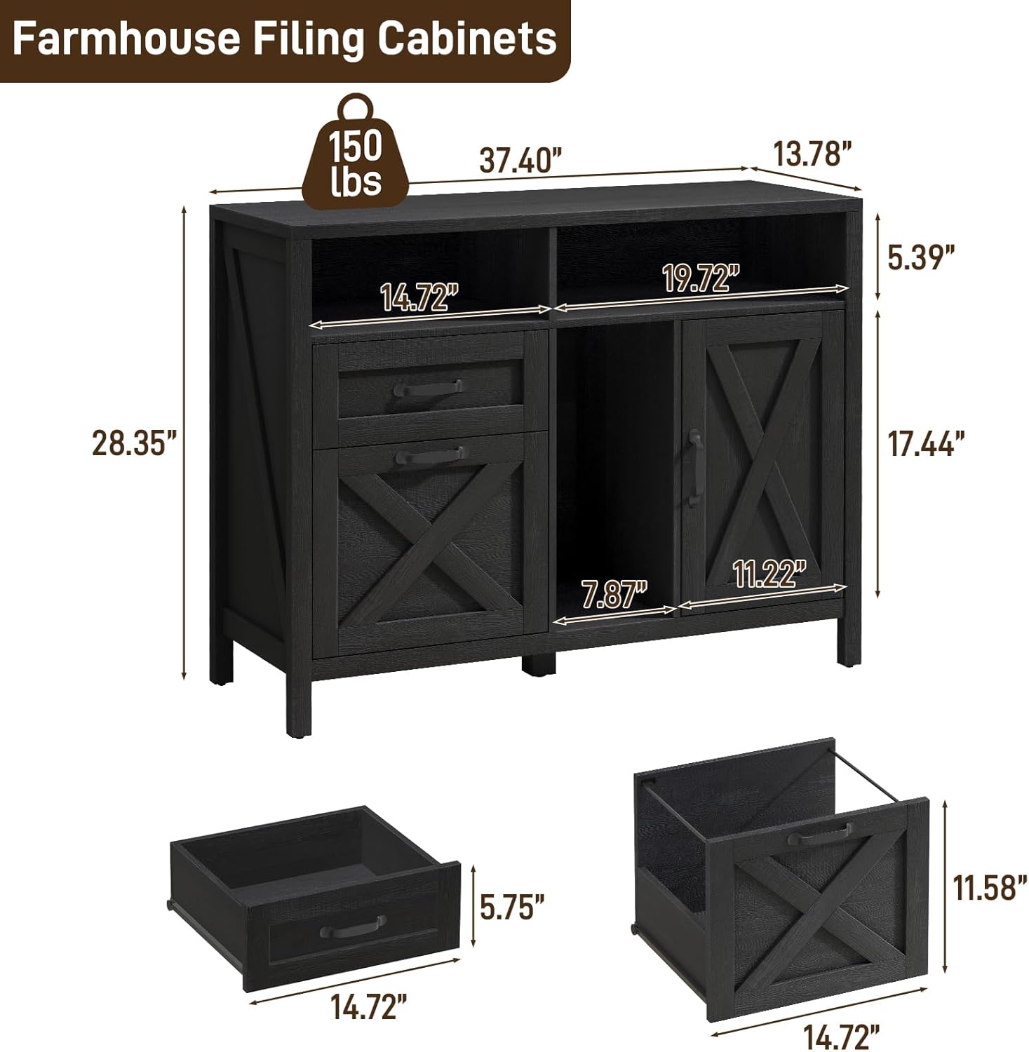 Vabches Lateral File Cabinet, Farmhouse 2 Drawer File Cabinet with Open Storage Shelf for Letter/A4 Size Hanging Files, Large Wood File Storage Cabinets Printer Stand for Home Office, Black