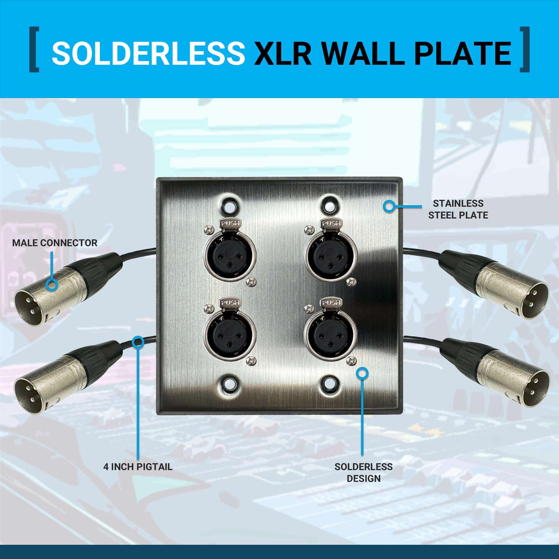 DIYTECH Placca da parete XLR, senza saldatura, senza saldatura, piastra audio da parete, per installazione audio professionale (da femmina a maschio a 4 porte)