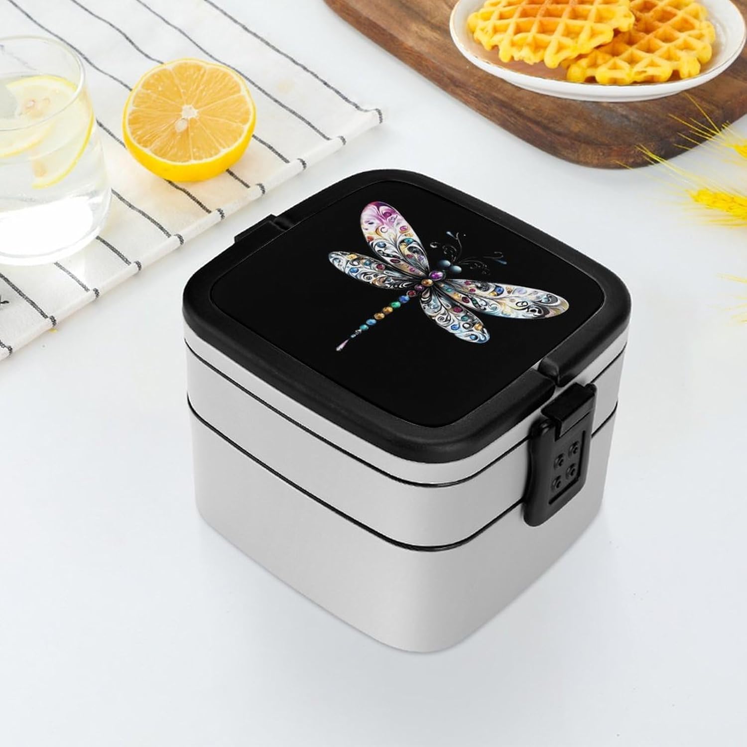 Dragonfly Bento Box with Spoon 2 Layer Food Container Cute Lunch Box for Travel Dining Work