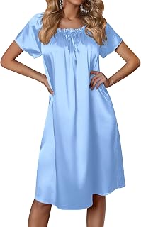 Women's Satin Silk Pleated Nightgown Loose Sleepwear Printed Nightshirt Short Sleeve Sleep Dress