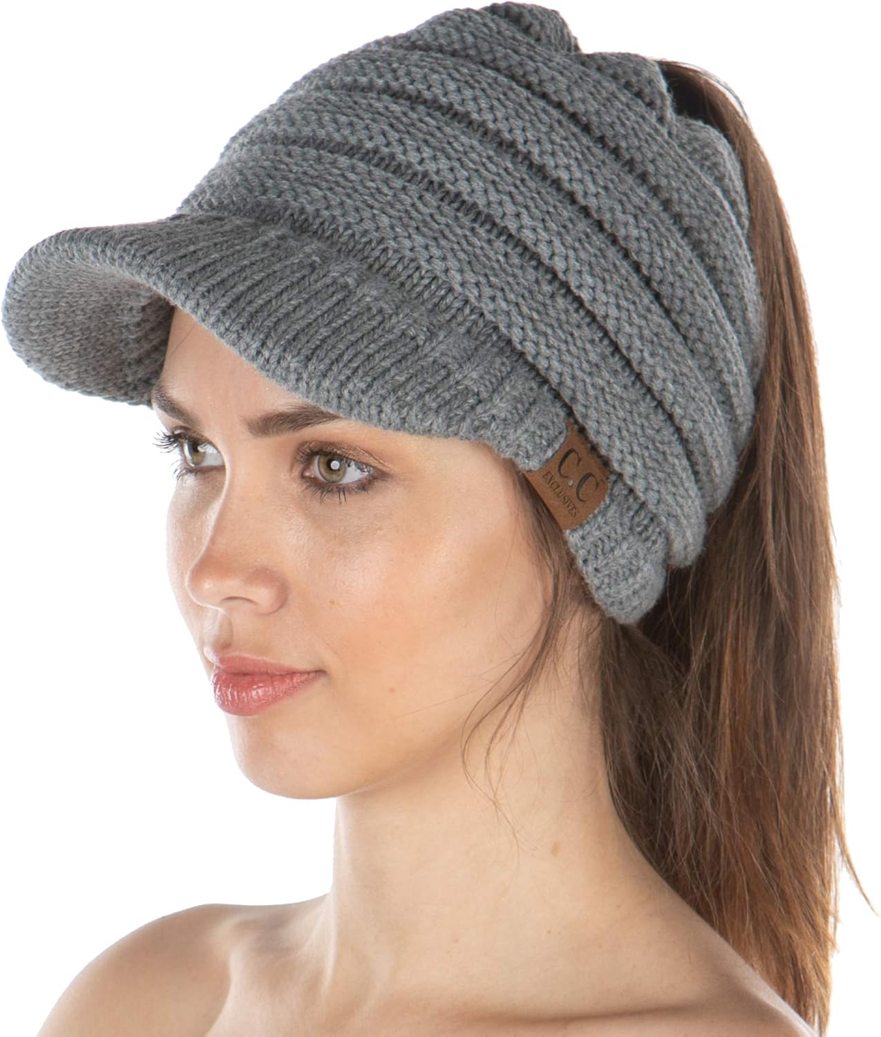 Funky Junque Exclusives Ponytail Beanie for Women – Ponyback Cable Knit Womens Winter Hat, High Pony Tail Running Beanies - Image 2