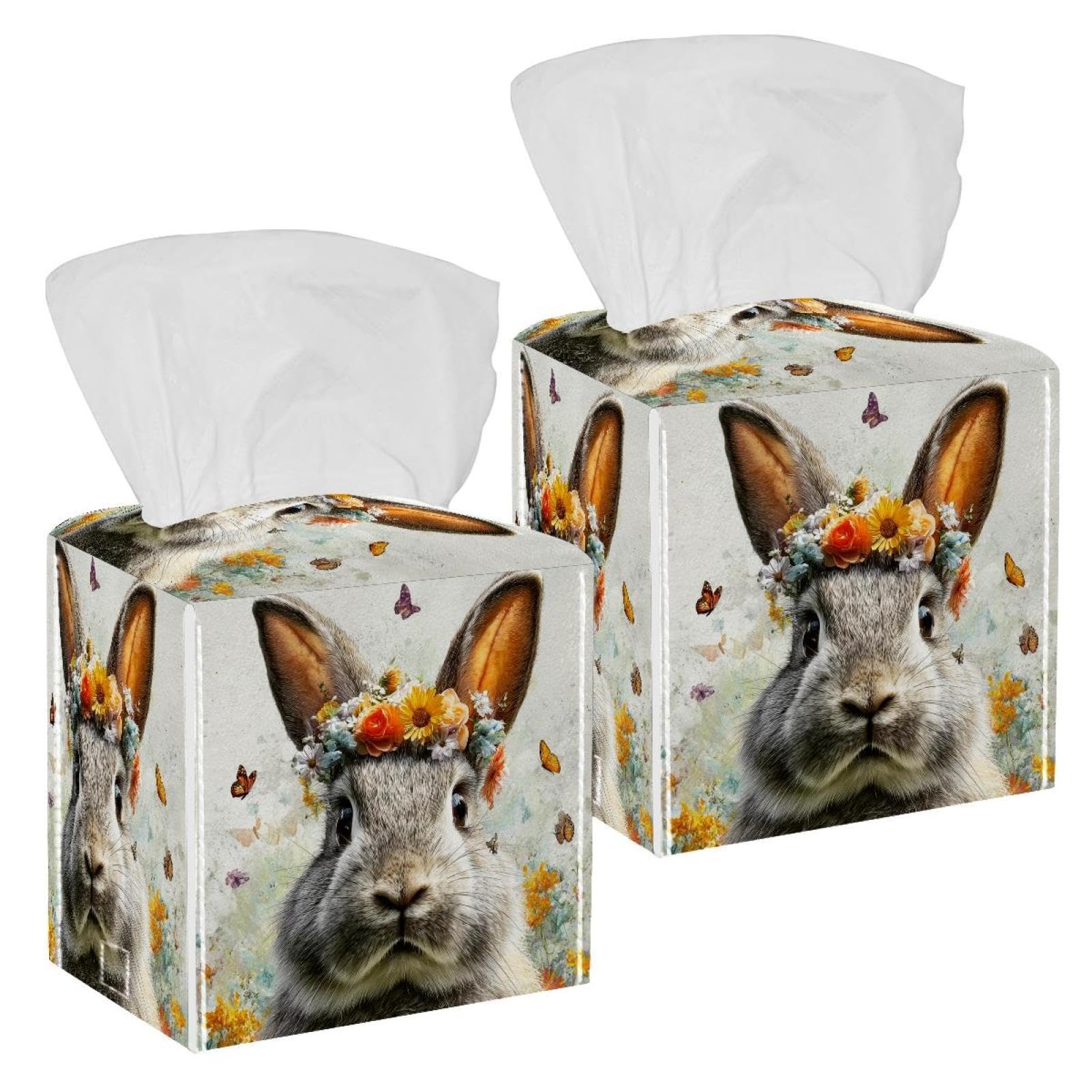 Rabbit and Flowers Tissue Box Cover, 2 Pack PU Leather Square Facial Tissue Dispenser Box holder for Home Office Car