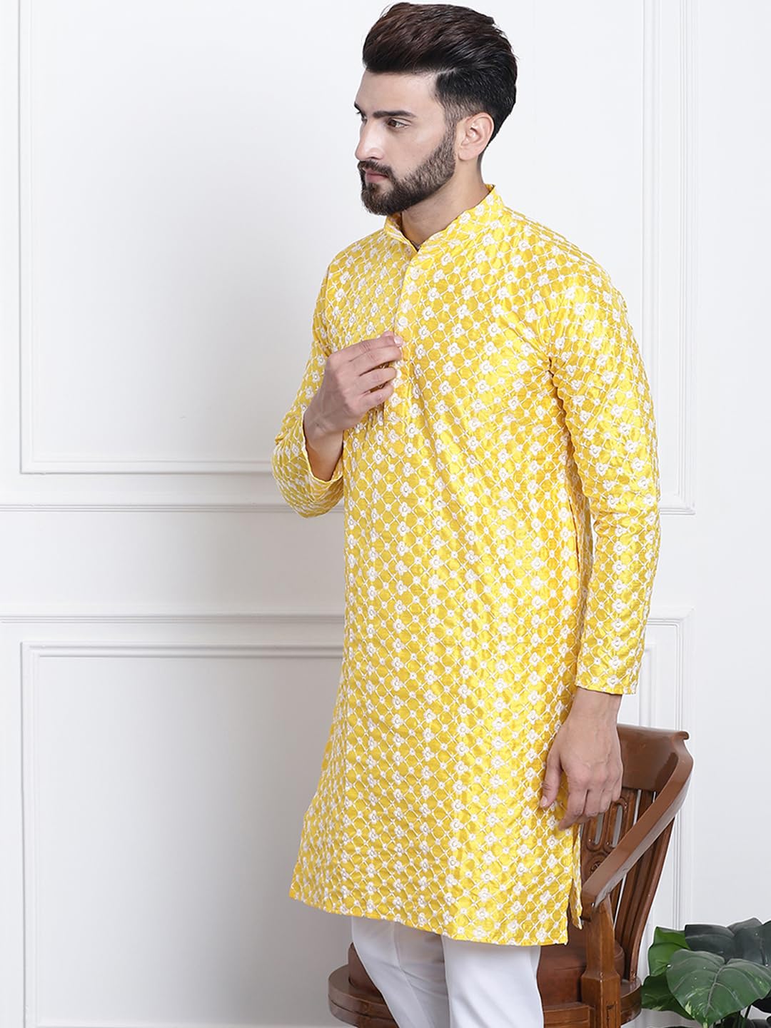 Sojanya (Since 1958 Men's Silk Blend Yellow Embroidered Only Long Kurta