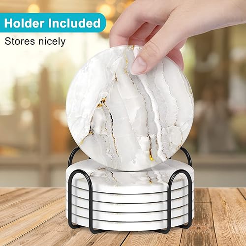 Miniatura 5 de Nipichsha Juego de 6 posavasos de cerámica absorbente estilo mármol con soporte y base de corcho, bonitos posavasos de piedra para tazas, cocina,