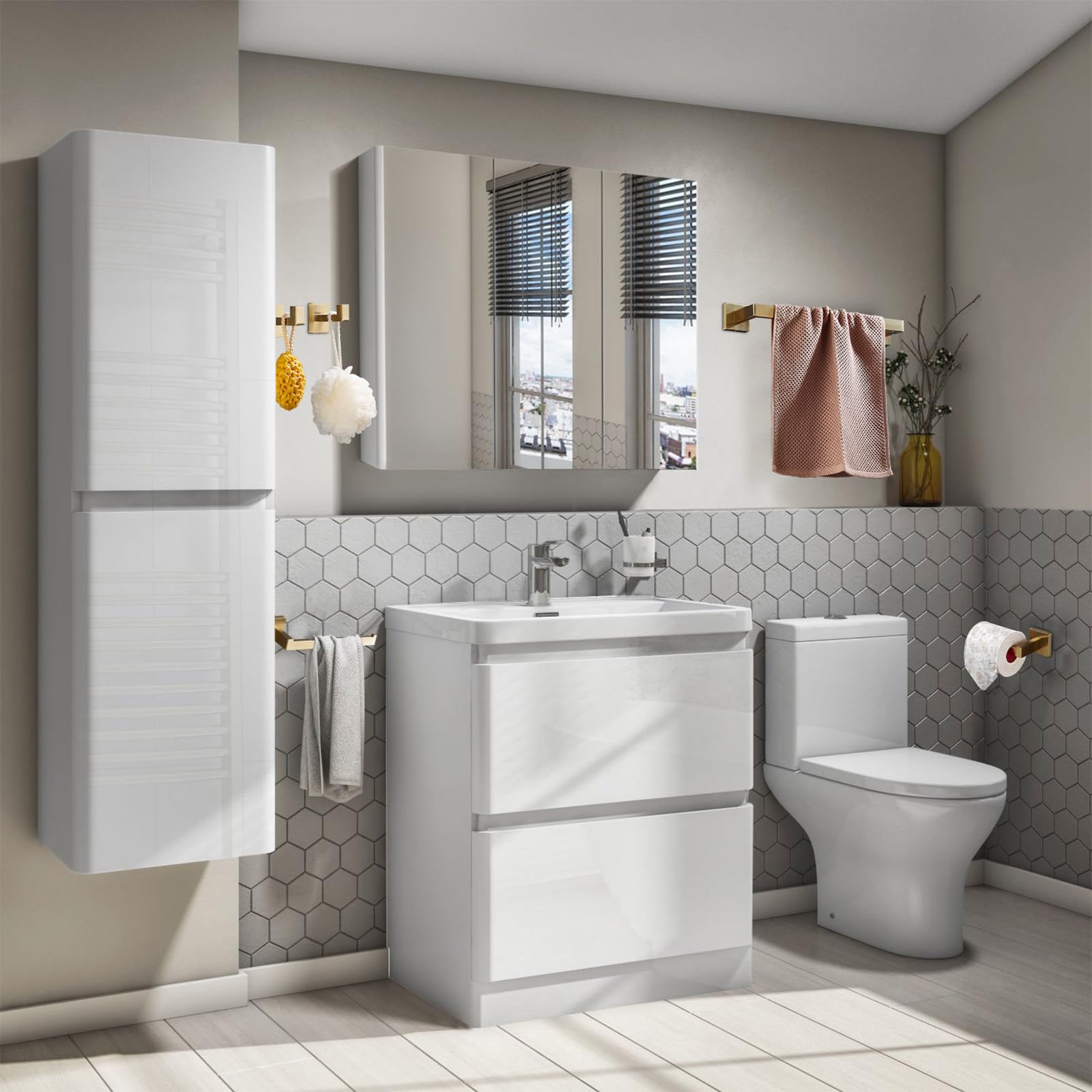 Badezimmer-Hardware-Set, 61 cm, Handtuchstange, 2 Handtuchhaken, Toilettenpapierhalter, Handtuchhalter, Edelstahl, gebürstetes Gold, Badezimmer-Zubehör GTS3190BG