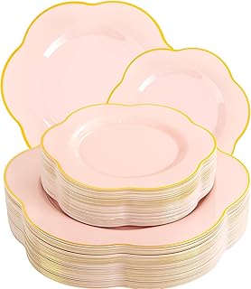 Liacere 50PCS Pink Plastic Plates - Heavy Duty Pink Disposable Plates - Pink and Gold Plastic Plates Include 25PCS Pink Dinner Plates,25PCS Pink Dessert Plates for Mother's Day& Baby Shower Gifts