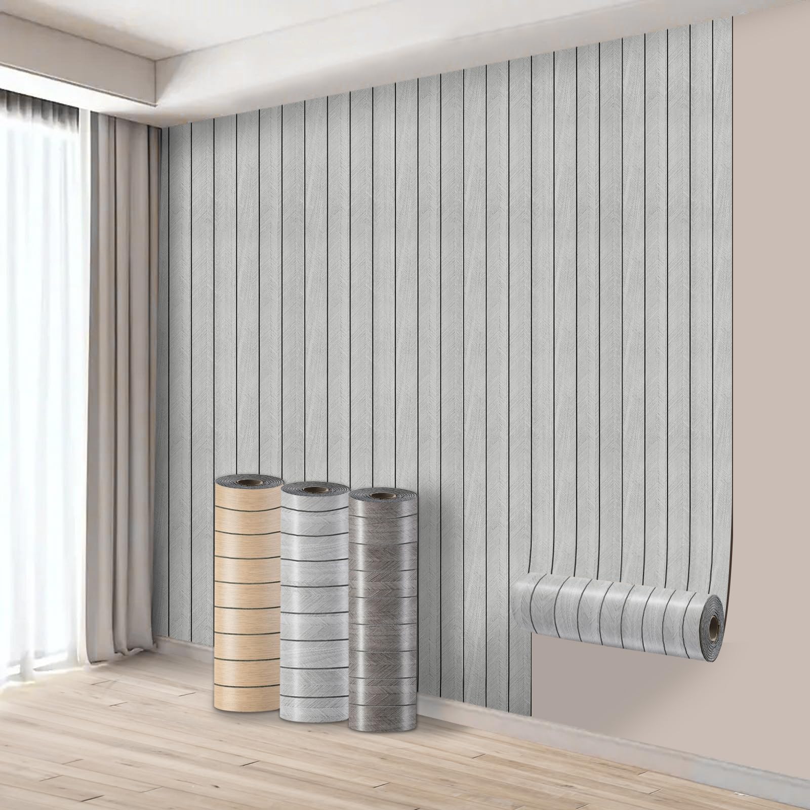Takezuaa 1 Roll Self Adhesive Thermal Wallpaper 3mm Thick Light Grey Wood Effect Wallpaper Peel and Stick Wall Panels for Walls Ceilings - Suitable for Living Room, Meeting Room, TV Wall 40cm x 3m — image 1
