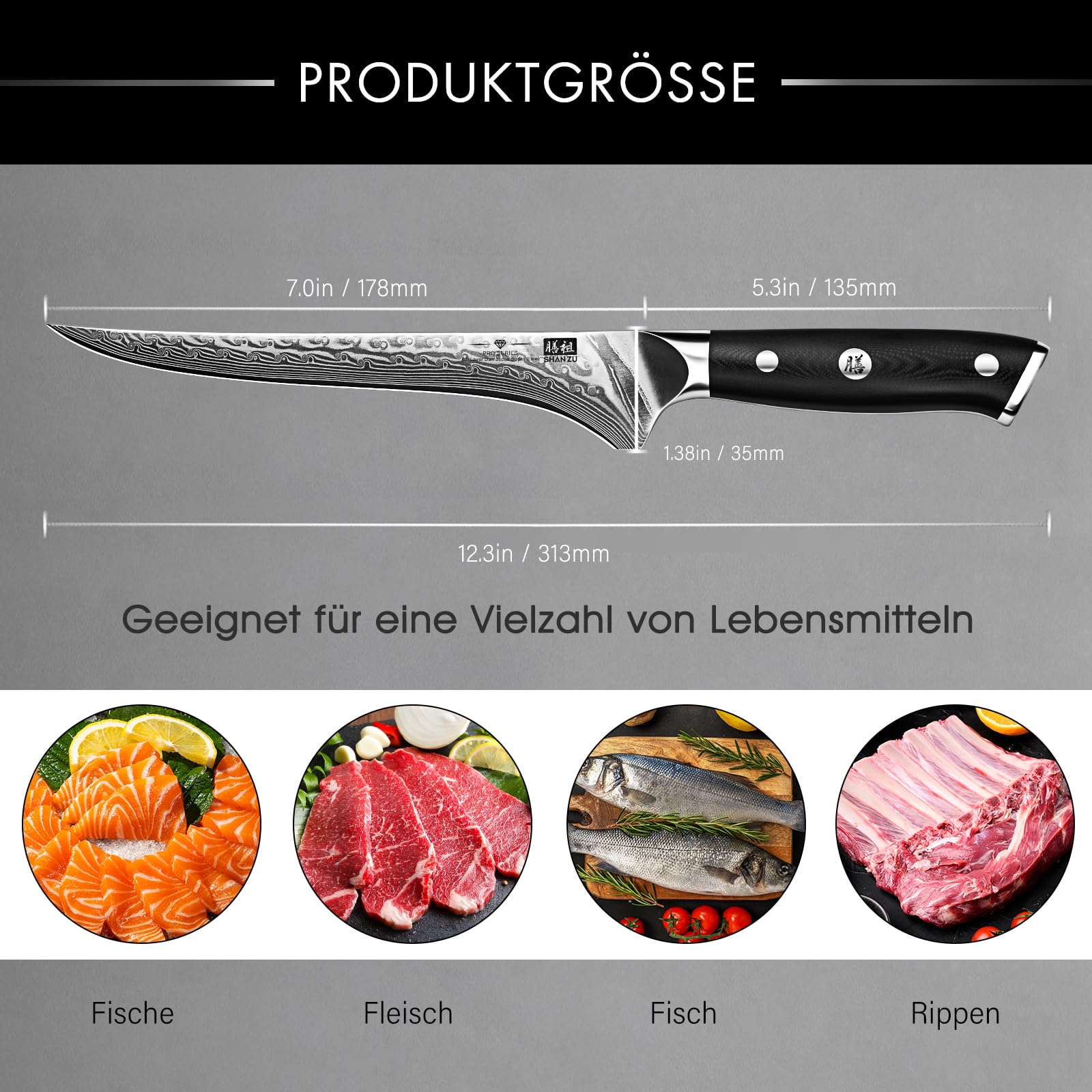 SHAN ZU Damast Filetiermesser 18cm Ausbeinmesser | 67 Lagen Japanischem Damaststahl, Scharfes Fischmesser mit Ergonomischem G10-Griff - PRO Series