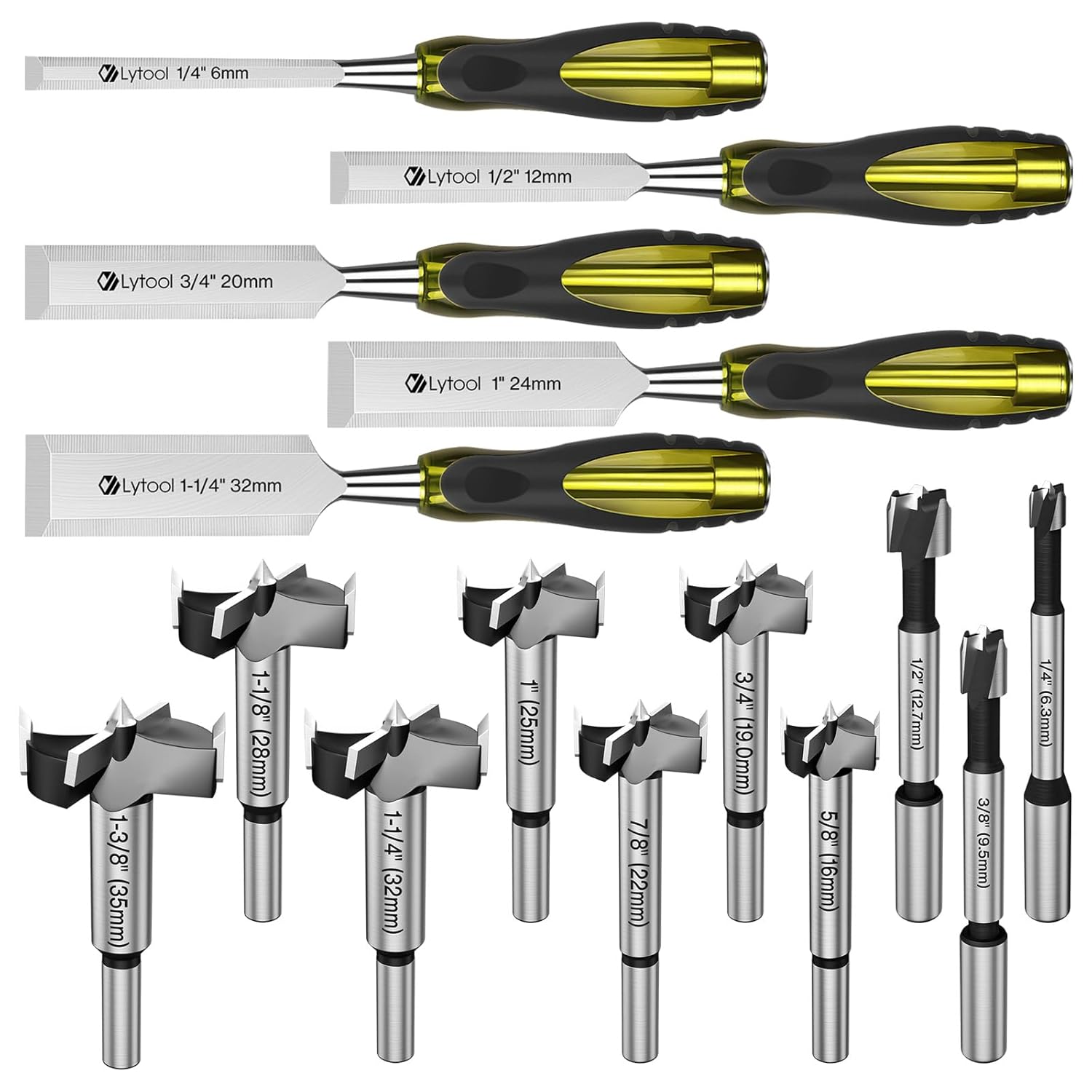 10 Piece Forstner Drill Bit Set for Wood, 5 Piece Wood Chisels Set