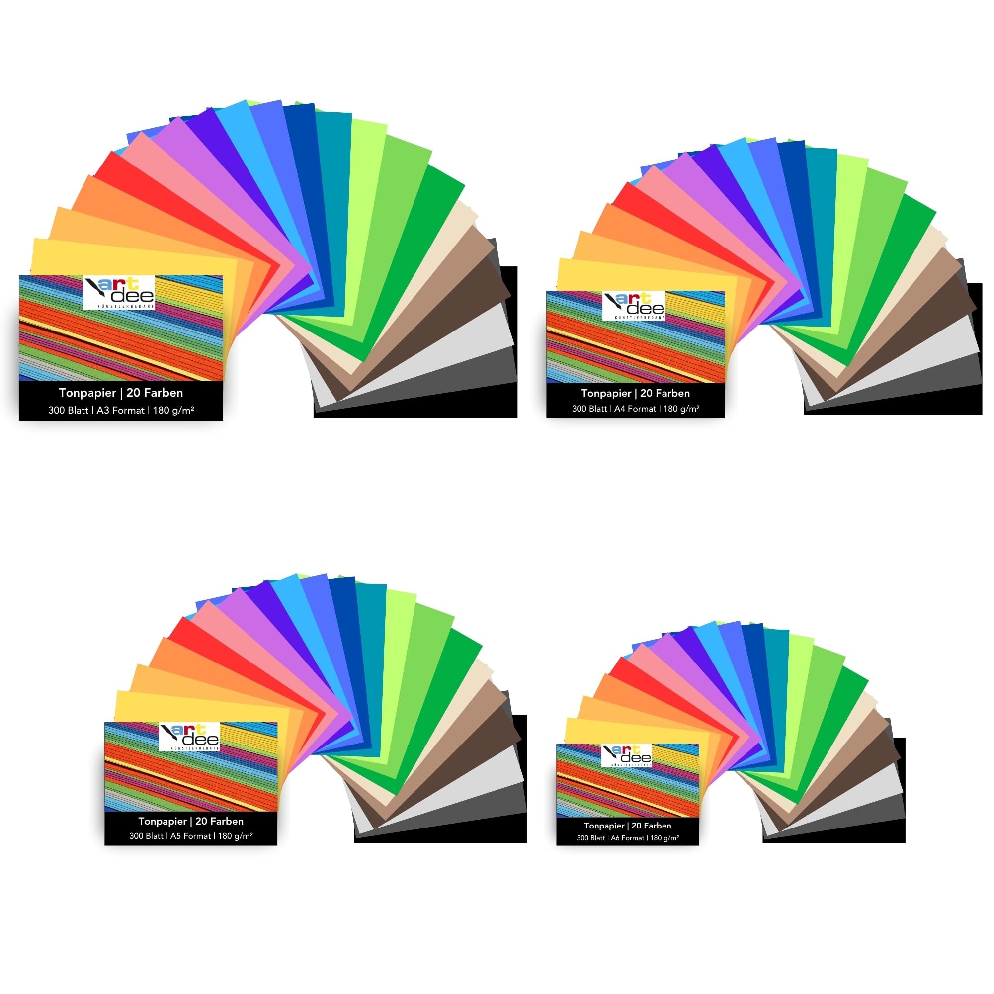artdee® Tonpapier bunt in 12 verschiedenen Frühlingsfarben 180 g/m² – Bastelpapier Set (300 Blatt DIN A3 + 300 Blatt DIN A4 + 300 Blatt DIN A5 + 600 Blatt DIN A6) – Buntes Papier zum Basteln