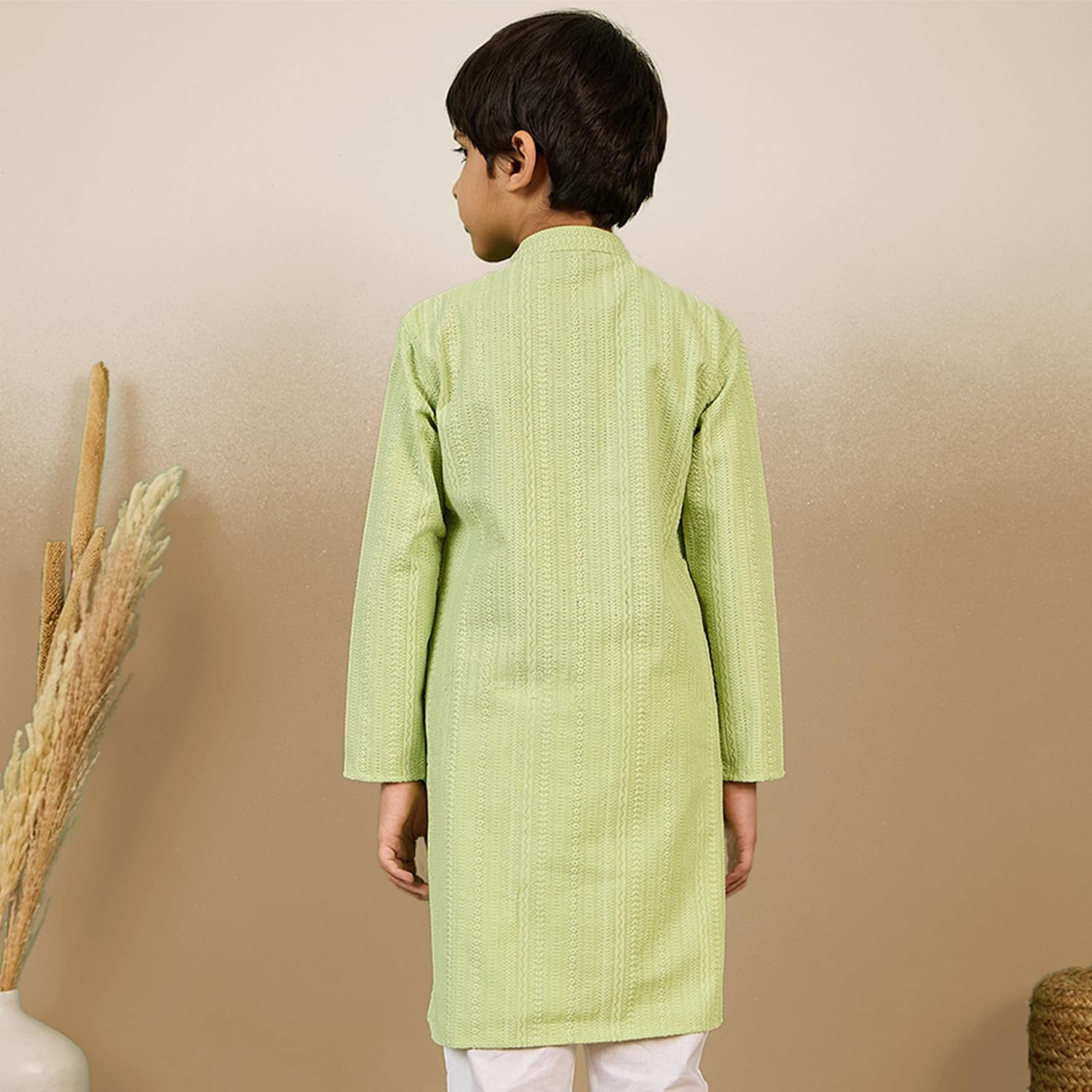 Sanwara Chic & Classic Boys Solid Light Green Chikankari Designer Cotton Kurta 28( 2