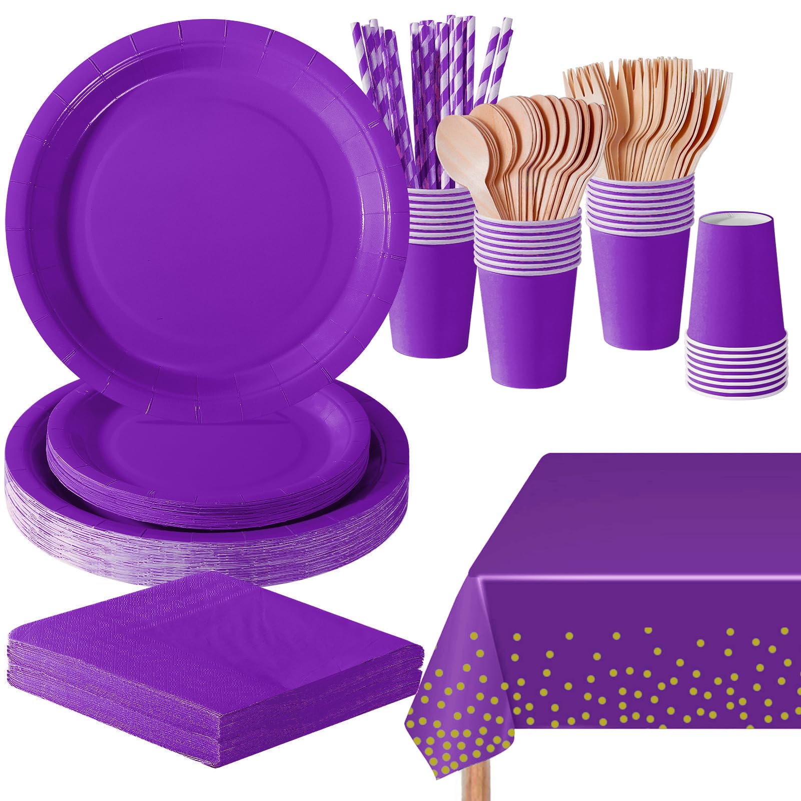 PYAILI 169 Pcs Deep Purple Party Tableware Set, Paper Plates Cups Napkins Tablecloth, Dinnerware Set for Kids Adult Birthday,Wedding,Baby Shower Party Tableware