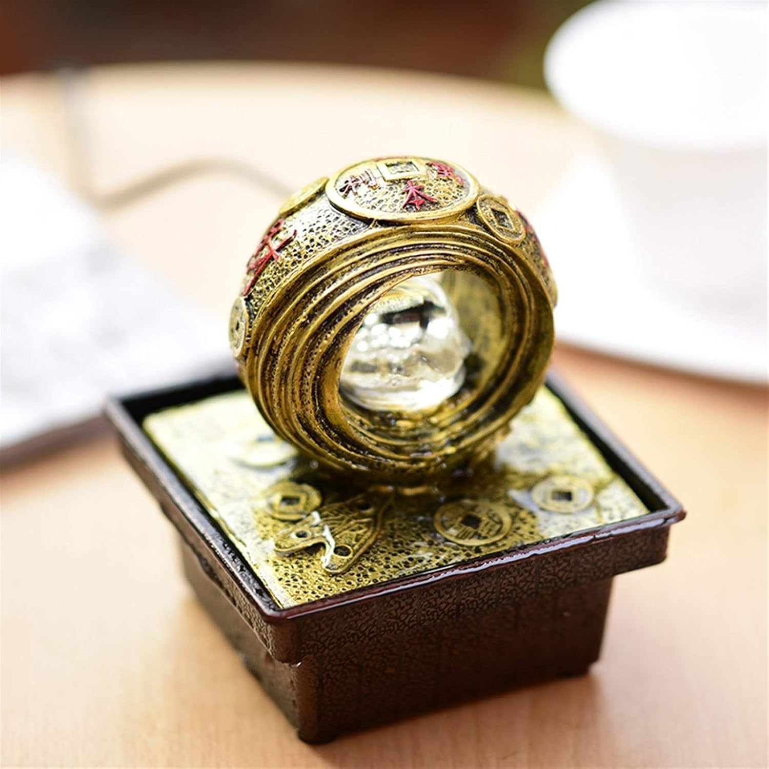 Tabletop Fountain 6.3" Indoor Water Fountain with Pump Copper Round Gold Coin Decoration Crystal Ball and Base Desktop Fountain Home Office Desktop Lucky Art Decoration, Resin Desktop Fountain