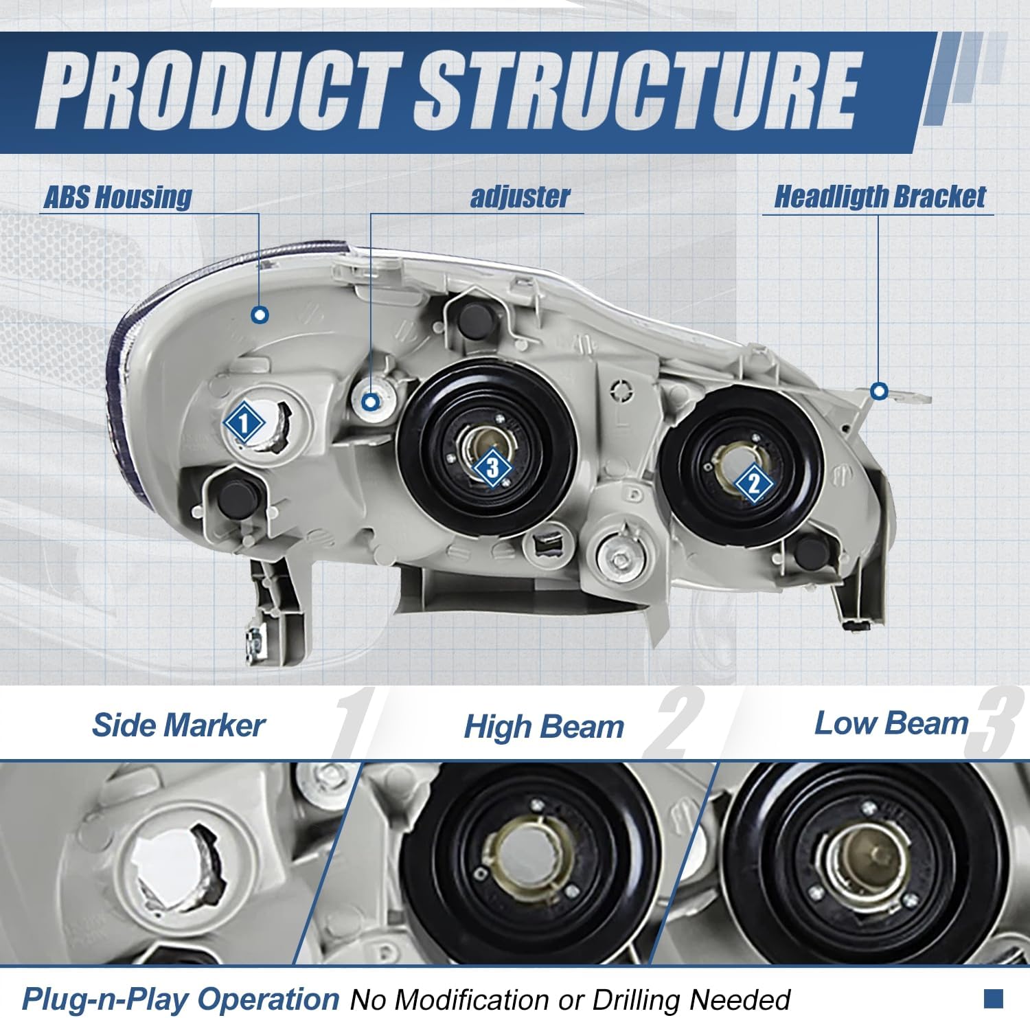 Auto Dynasty Headlights Assembly fit for 2003-2008 Toyota Corolla 03 04 05 06 07 08, Driver and Passenger Side Halogen Headlamps Replacement, OE Style, Chrome Housing Amber Corner