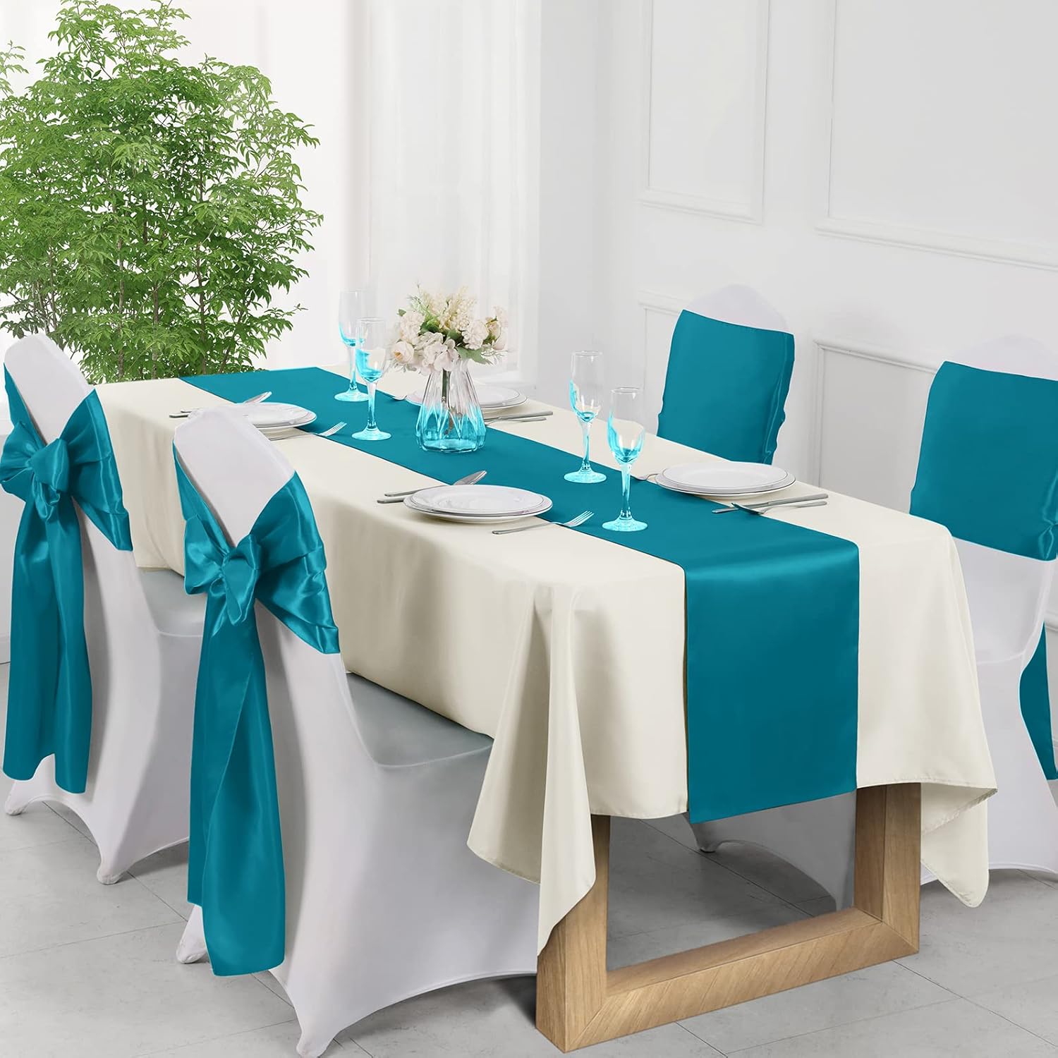Manyshofu 12Pcs Satin Teal Blue Table Runner - 12 x 108 Inch Long Size, Party Table Runner Decor Bright & Smooth Wedding Decorations Table Runners for Banquet Chef Birthday Buffet Dinner Graduations