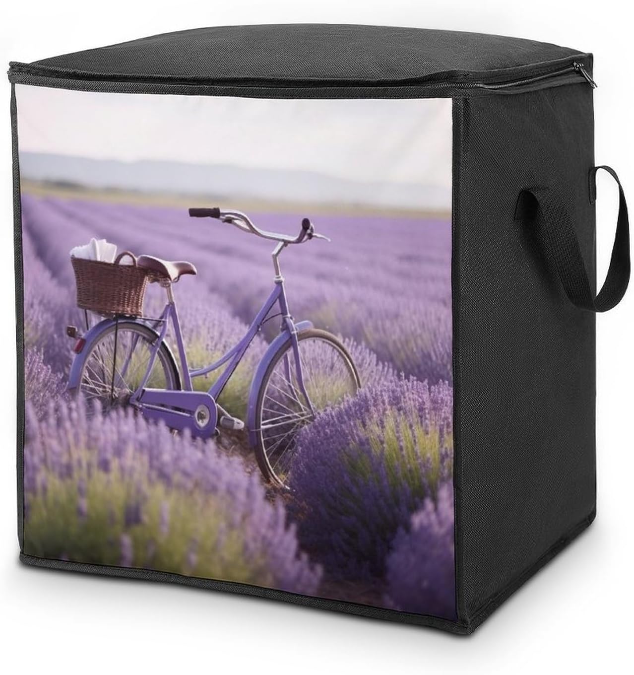 Portable Quilt Storage Bag,Lavender Field Bike Printed Foldable Wardrobe Storage Box Foldable Storage Bag with Lids And Handle Large Clothing Storage Bag for Comforters Clothes Blankets Pillows
