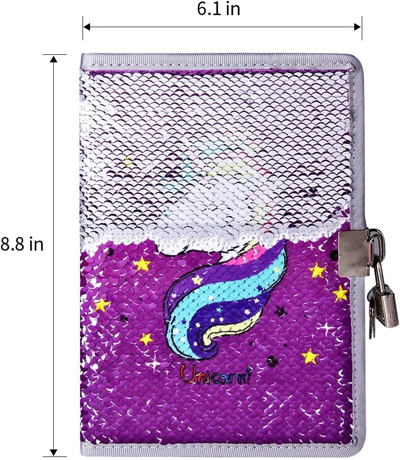 PojoTech Unicorn Notebook Sequin Secret Diary with Lock, Reversible Mermaid Sequin Notebook Private Journal Magic Travel Journal Unicorn Notebook Gift for Adults and Kids (Purple)