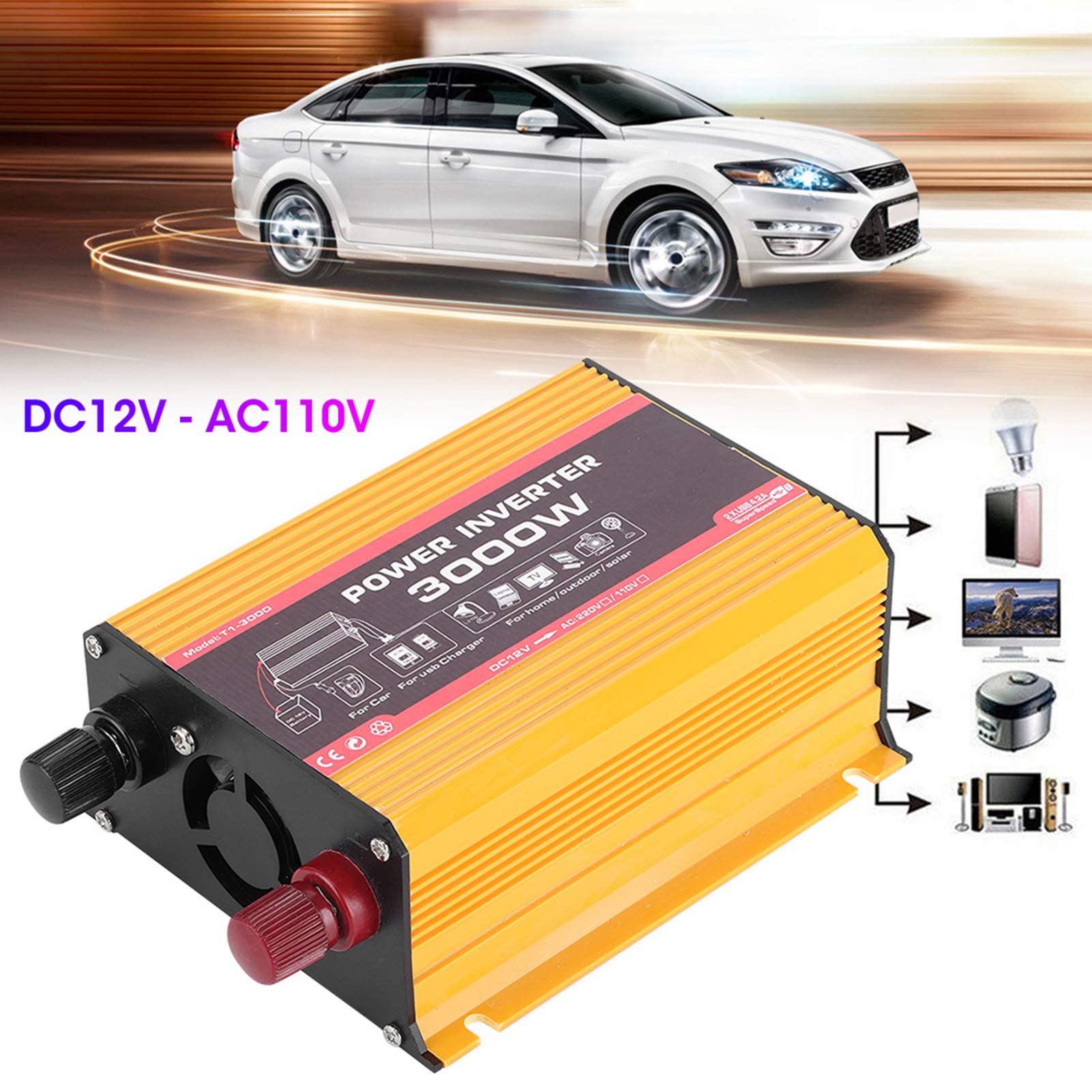 Power Inverter 3000W Converter Auto Dual USB Fast Modified Sine Wave Adapter with Cigarette Lighter (US Plug)