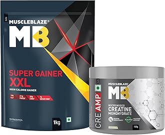 Super Gainer XXL Powder (Chocolate, 1kg / 2.2lbs, 10 Servings) with Creatine Monohydrate CreAMP (Unflavoured, 100g / 0.22lbs, 32 Servings) | Combo Pack