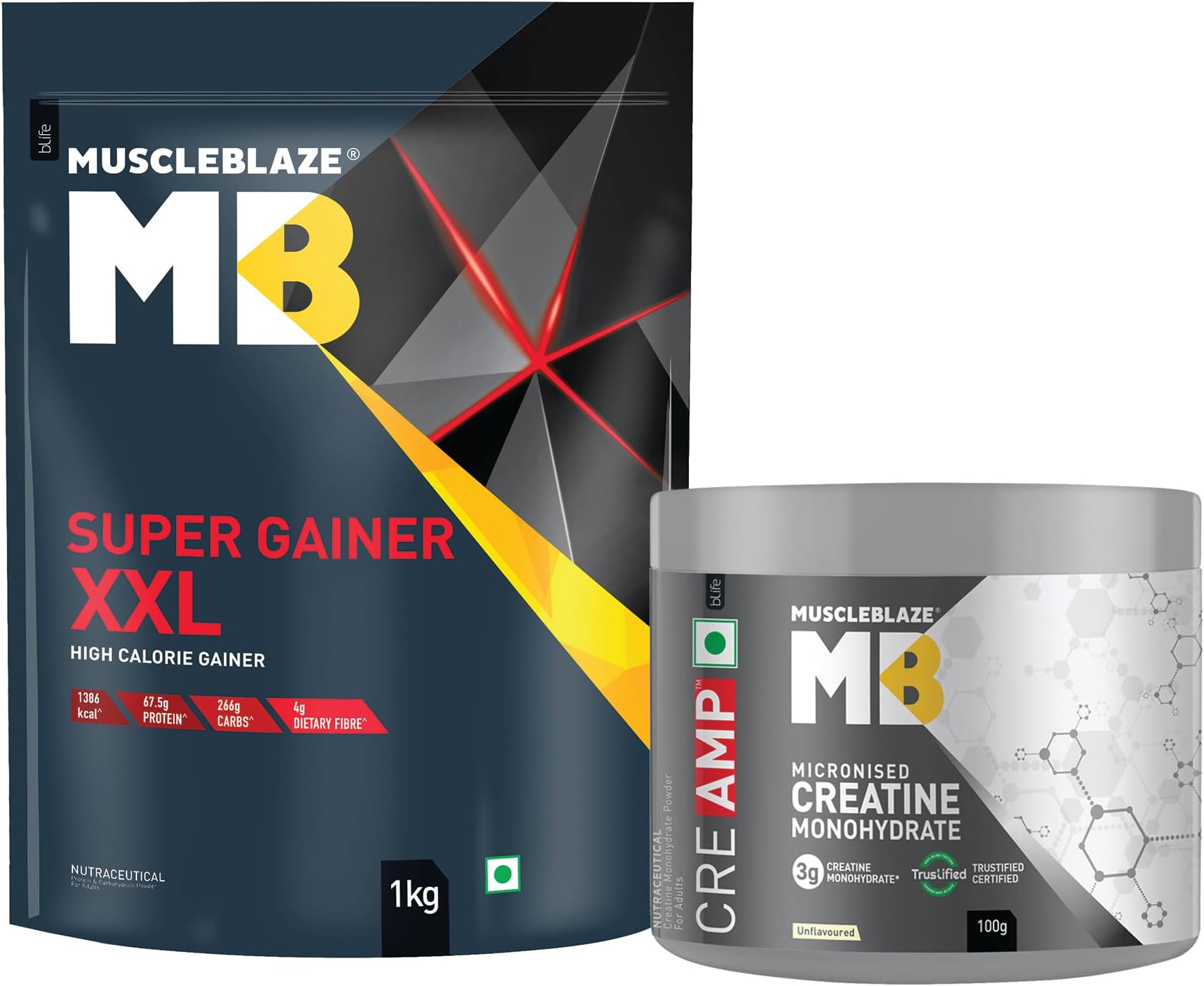 MuscleBlaze Super Gainer XXL Powder (Chocolate, 1kg / 2.2lbs, 10 Servings) with Creatine Monohydrate CreAMP (Unflavoured, 100g / 0.22lbs, 32 Servings) | Combo Pack