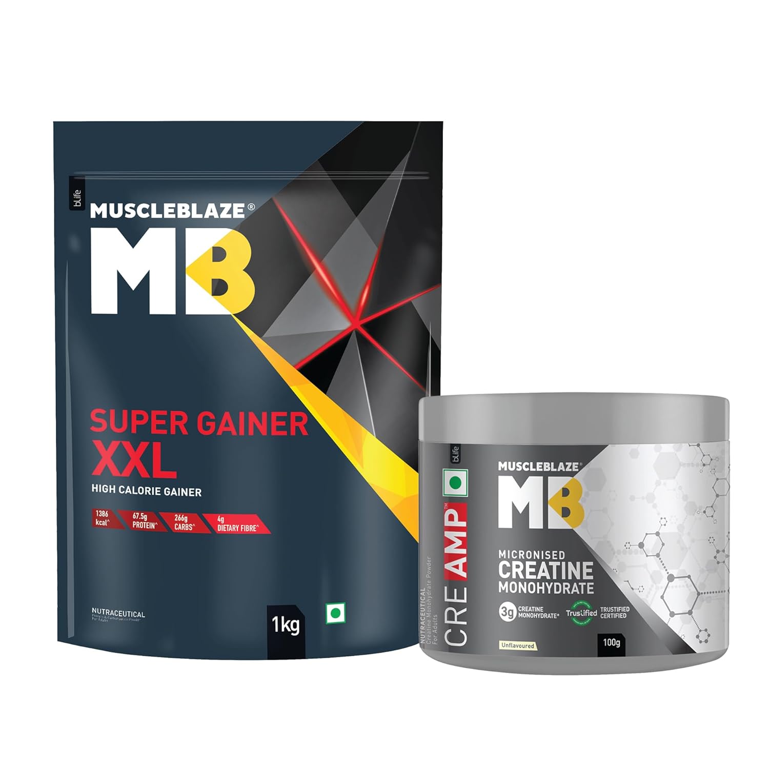 MuscleBlaze Super Gainer XXL Powder, Chocolate (10 Servings, 1kg / 2.2lbs) & Creatine Monohydrate CreAMP with CreAbsorb, U...