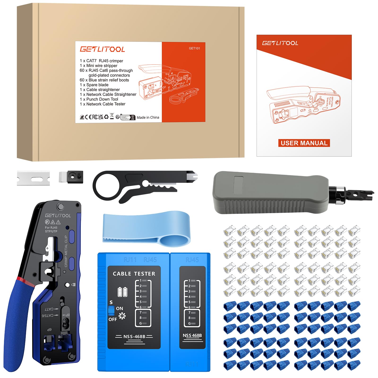GETLITOOL Crimpadora RJ45 Kit Completo con 60 Conectores Cat6 Dorados Pelacables Probador de Red Herramientas para Crimpar Ethernet Cat5e/Cat6/Cat6a/Cat7