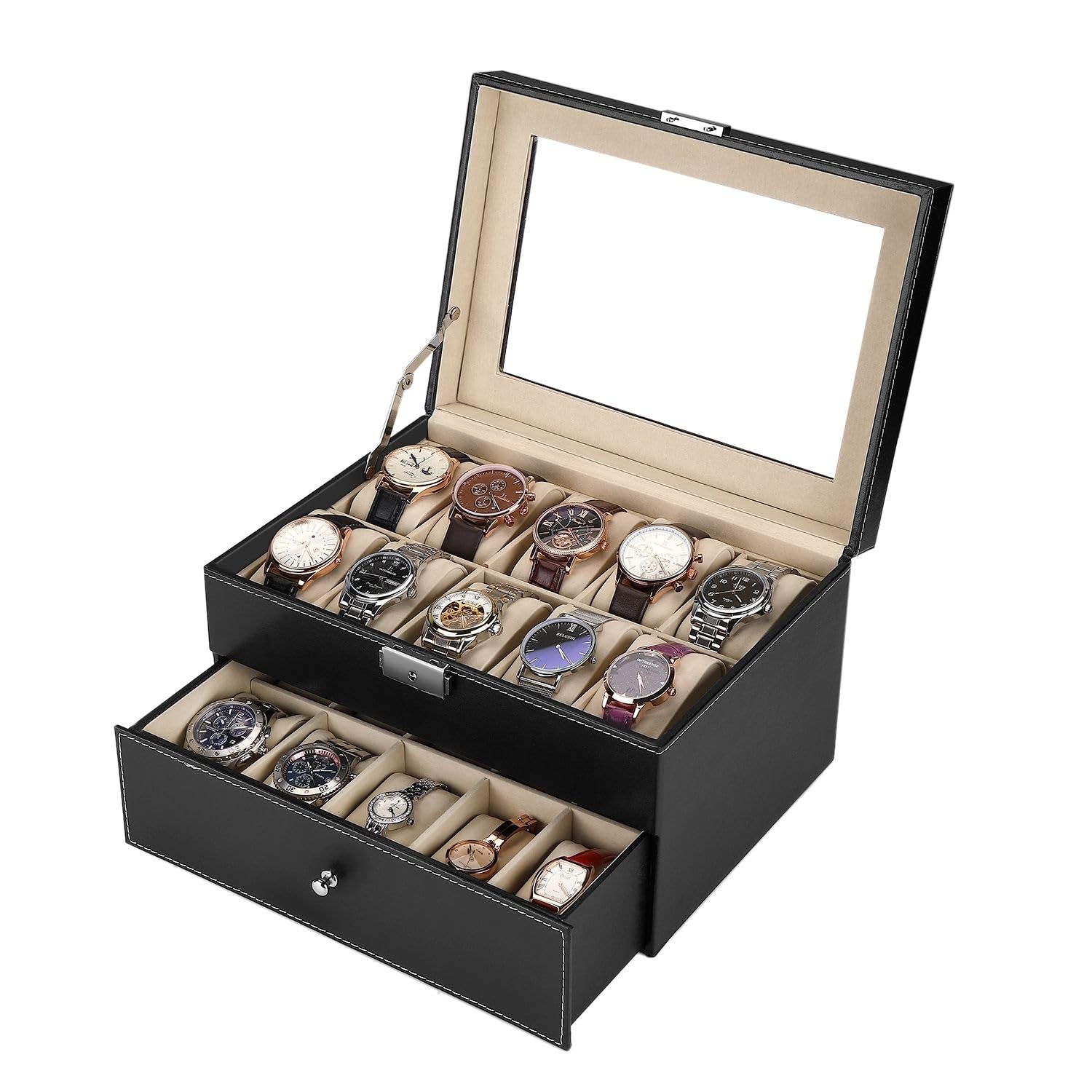 Flexzion Caja organizadora de relojes para hombres y mujeres, caja de almacenamiento de relojes con 20 ranuras con pantalla de cristal superior y almohadas extraíbles en cada ranura, fundas de reloj