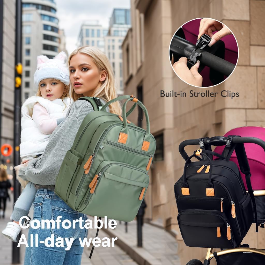 18 Pockets Large Diaper Bag Backpack with 4 Insulated Pockets and Stroller Clips, Baby Shower Essentials (XL Green, Extra Large)
