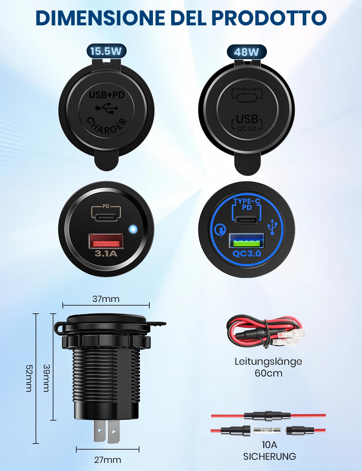 Adattatore USB-C per Accendisigari 15,5W - Presa Auto 12V/24V, 5V/1A & 5V/2,1A PD - Caricatore per iPhone, Samsung Galaxy, Huawei, Xiaomi, Sony con Spia Luminosa Blu (15.5W PD+USB)