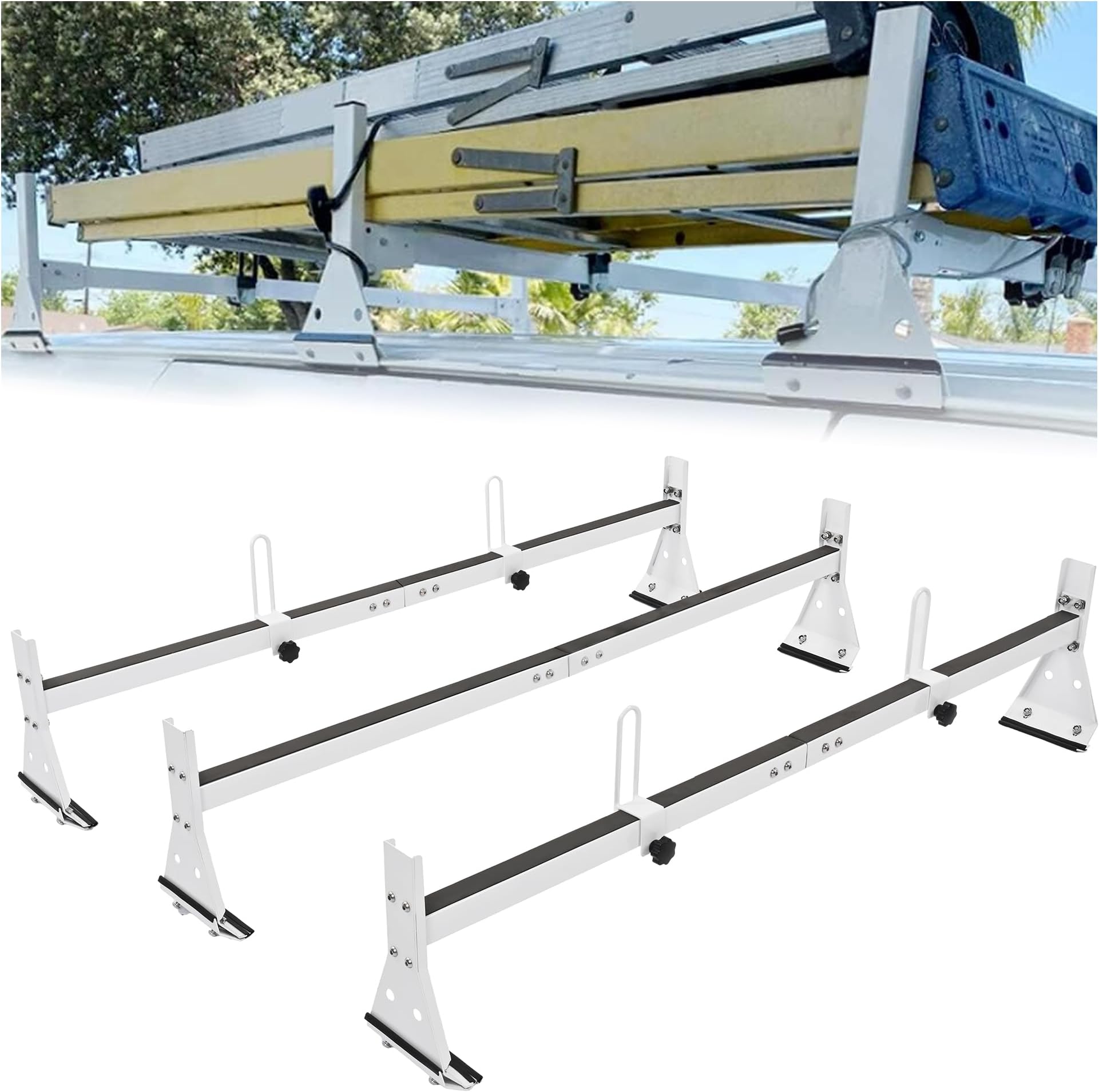 59in Roof Racks Compatible with 1996-Up Chevy Express 1500/2500/3500, 850 LBS Capacity, 3 bar roof Ladder Rack for Van Steel White