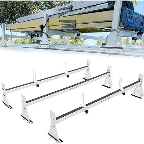 ECOTRIC 59in Roof Racks Compatible with 1996-Up Chevy Express 1500/2500/3500, 850 LBS Capacity, 3 bar roof Ladder Rack for Van Steel White