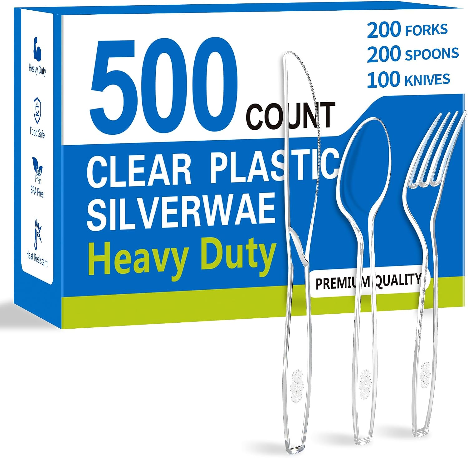 500 Count Extra Heavy Duty Clear Plastic Silverware, 200 Forks, 200 Spoons, 100 Knives，Plastic Cutlery Set，BPA-Free, Heat Resistant, Disposable Utensils Set, Plasticware Bulk