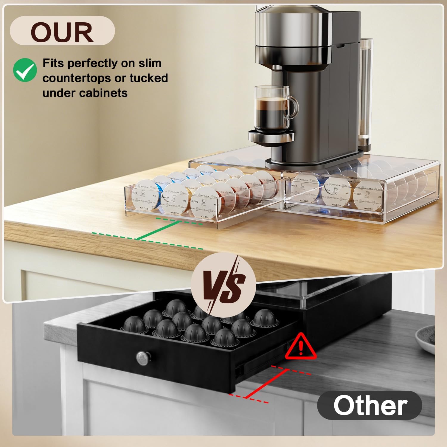 Compact Acrylic Coffee Pods Drawer Organizer Compatible with Nespresso Vertuo Pods, Easy to See Available Pods Options, Smooth Pull-Out, Holds 30 Capsules for Small Countertop