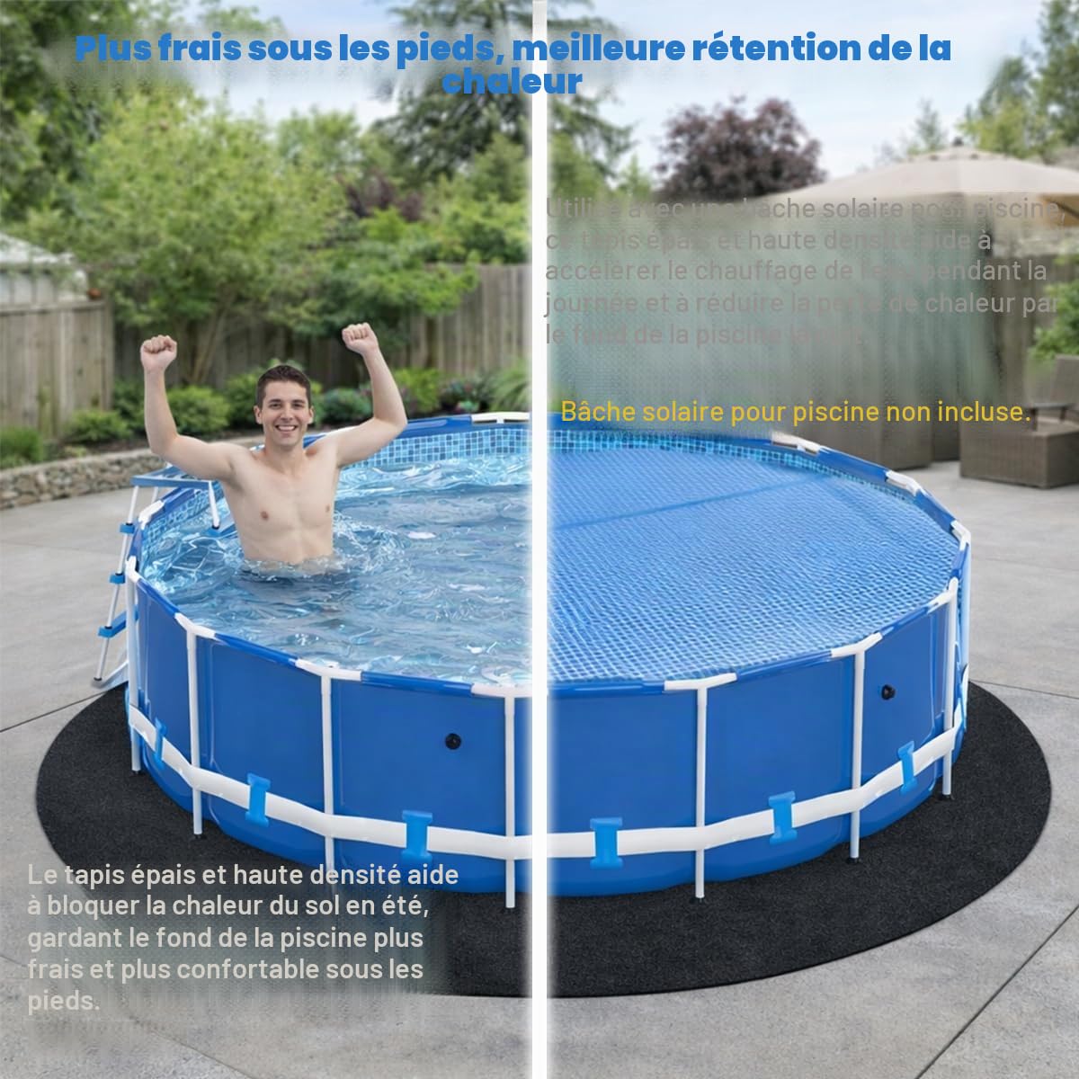 Tapis de piscine épais pour piscine hors sol, tapis rond de 3,7 m pour fond de piscine, confort sans couture, double densité, résistant aux perforations, noir