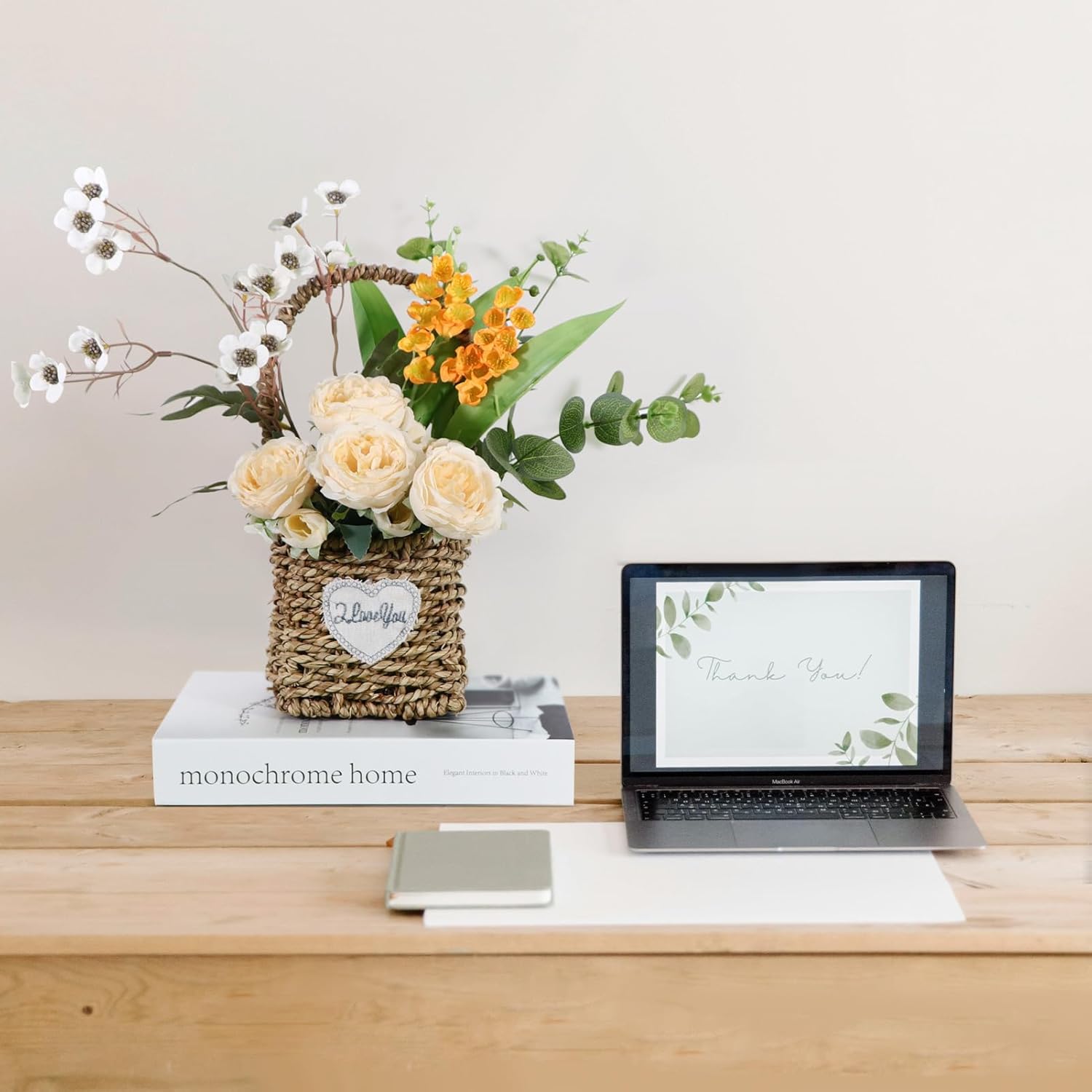 Artificial Flower Arrangement in Woven Basket with Heart Design, Wooden Woven Basket Mixed White Roses and Yellow Orchidsfor Home Decoration Dining Table Centerpiece
