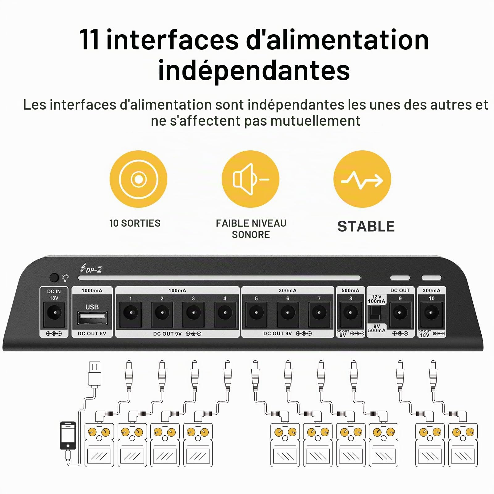 Donner DP-Z Alimentation pour pédale de guitare 9V 10 sorties isolées avec port USB pour pédale d'effet 9V/12V/18V Entrée DC 18v 2000m