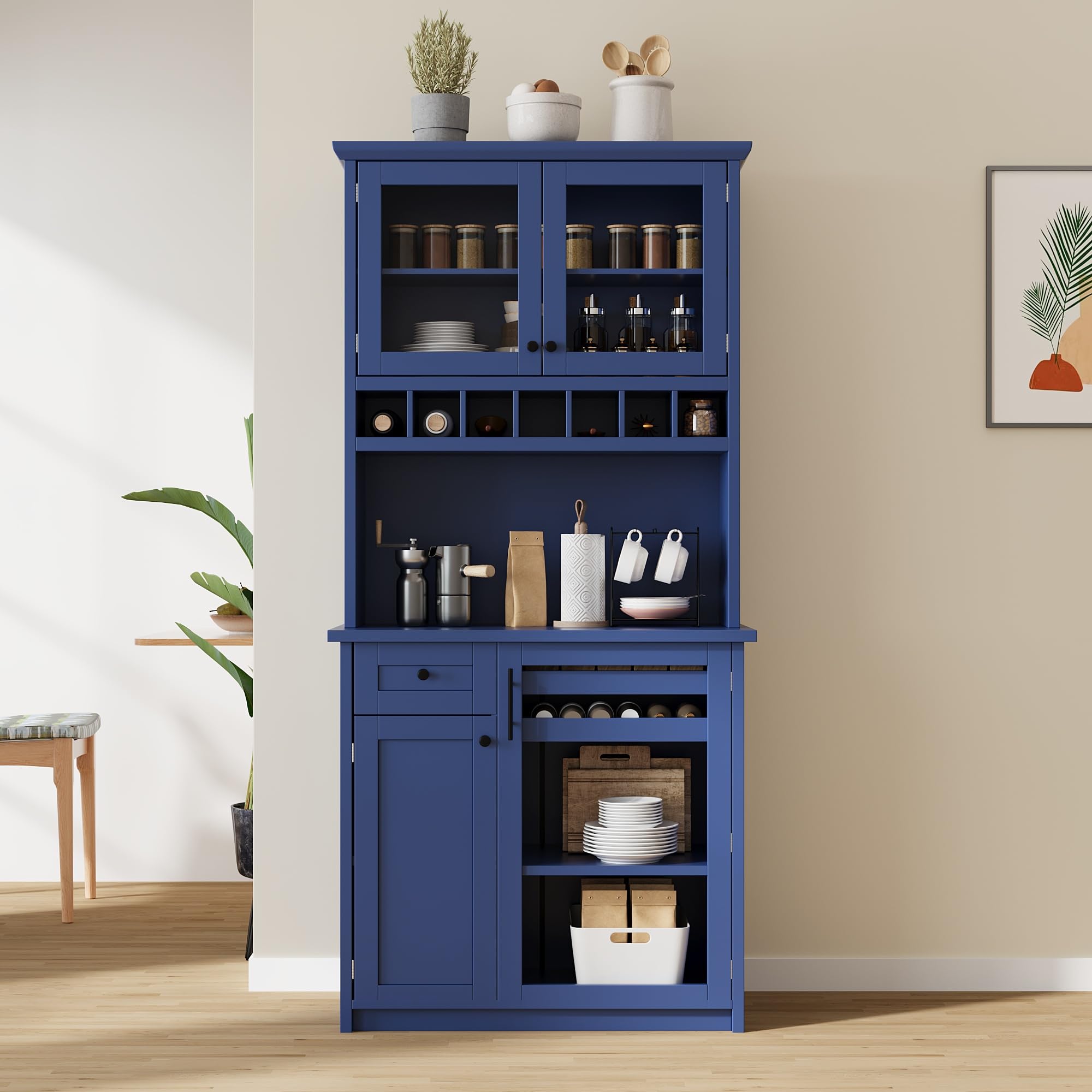 Modern 74.8 inch Tall Kitchen Pantry, Freestanding Buffet with Hutch, Kitchen Pantry Storage Cabinet with Wine Rack and Adjustable Shelves for Dining Room (Blue//1)