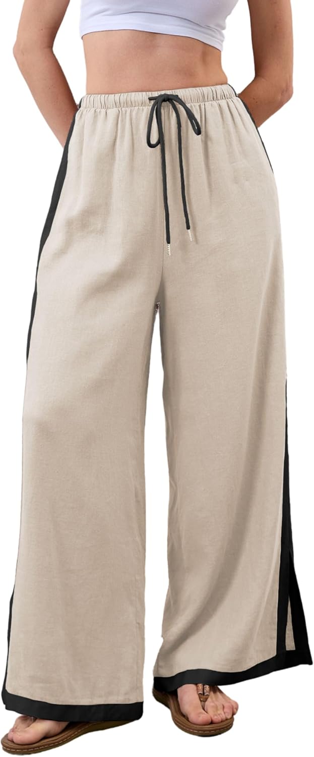 Xiaoxuemeng Linen Pnats Women Wide Leg Striped Capri Pants Casual Baggy Linen Trousers with Pockets