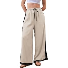 Xiaoxuemeng Linen Pnats Women Wide Leg Striped Capri Pants Casual Baggy Linen Trousers with Pockets