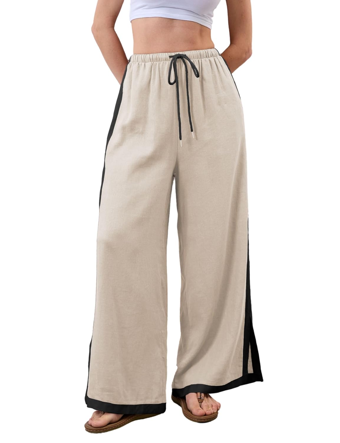 Xiaoxuemeng Linen Pnats Women Wide Leg Striped Capri Pants Casual Baggy Linen Trousers with Pockets