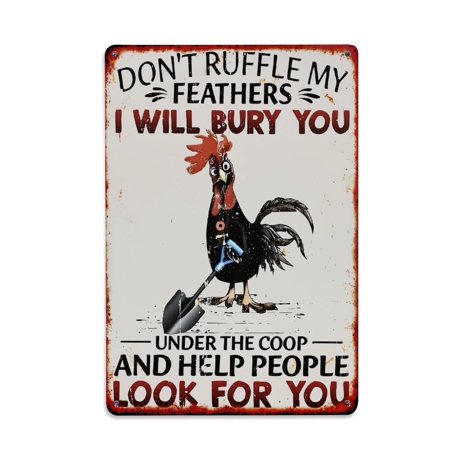 Jdfenggu Vintage Rooster With Shovel And Warning Text Retro Metal Tin Sign, Decor Art Poster For Bar, Home, Man Cave, Kitchen, Laundry Room Gift 8X12inch