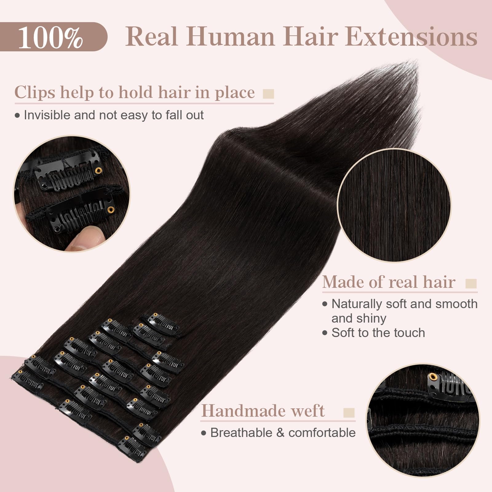 SEGOHAIR 8 PCS Clip in Real Human Hair Extensions, 14 inch Thin Full Head, Straight, Natural Black (60g) - Image 3