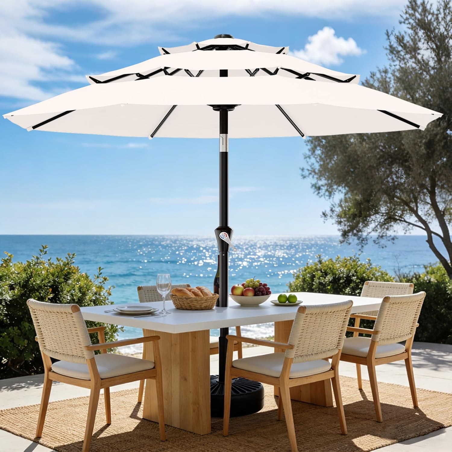 AreShark 9ft 3-Tier Patio Umbrellas, Outdoor Umbrella with 8 Sturdy Ribs UV Protection Windproof, Market Table Umbrella w/Push Button Tilt & Crank for Pool, Porch, Deck, Garden(Cream White)