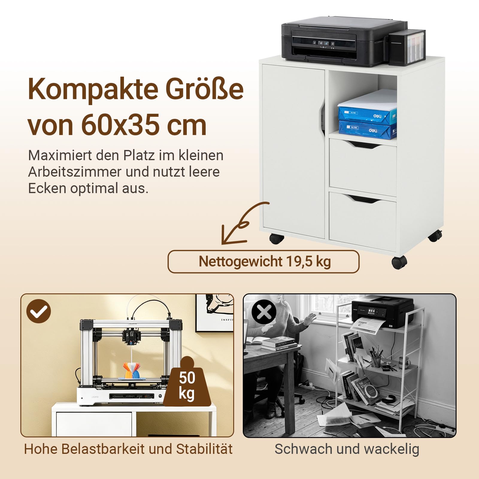 SoBuy Rollcontainer mit 2 Schubladen und 1 Tür Druckertisch mit Rollen Schreibtisch Unterschrank Rollcontainer Büromöbel Weiß 60×70×35 cm FBT105-W