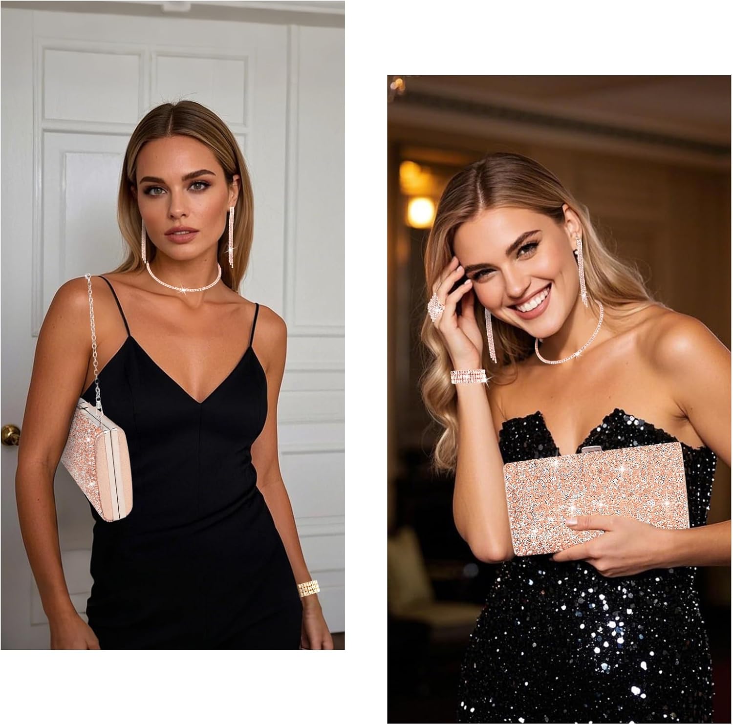 Wecoe 5pcs/set Jewelry Purse Set For Women Handbags Clutch Rhinestone Diamond Necklaces Bracelets Earrings Ring Set Wedding Bridal Prom Homecoming Costume Jewelry Formal Evening Bag Accessories - Image 3