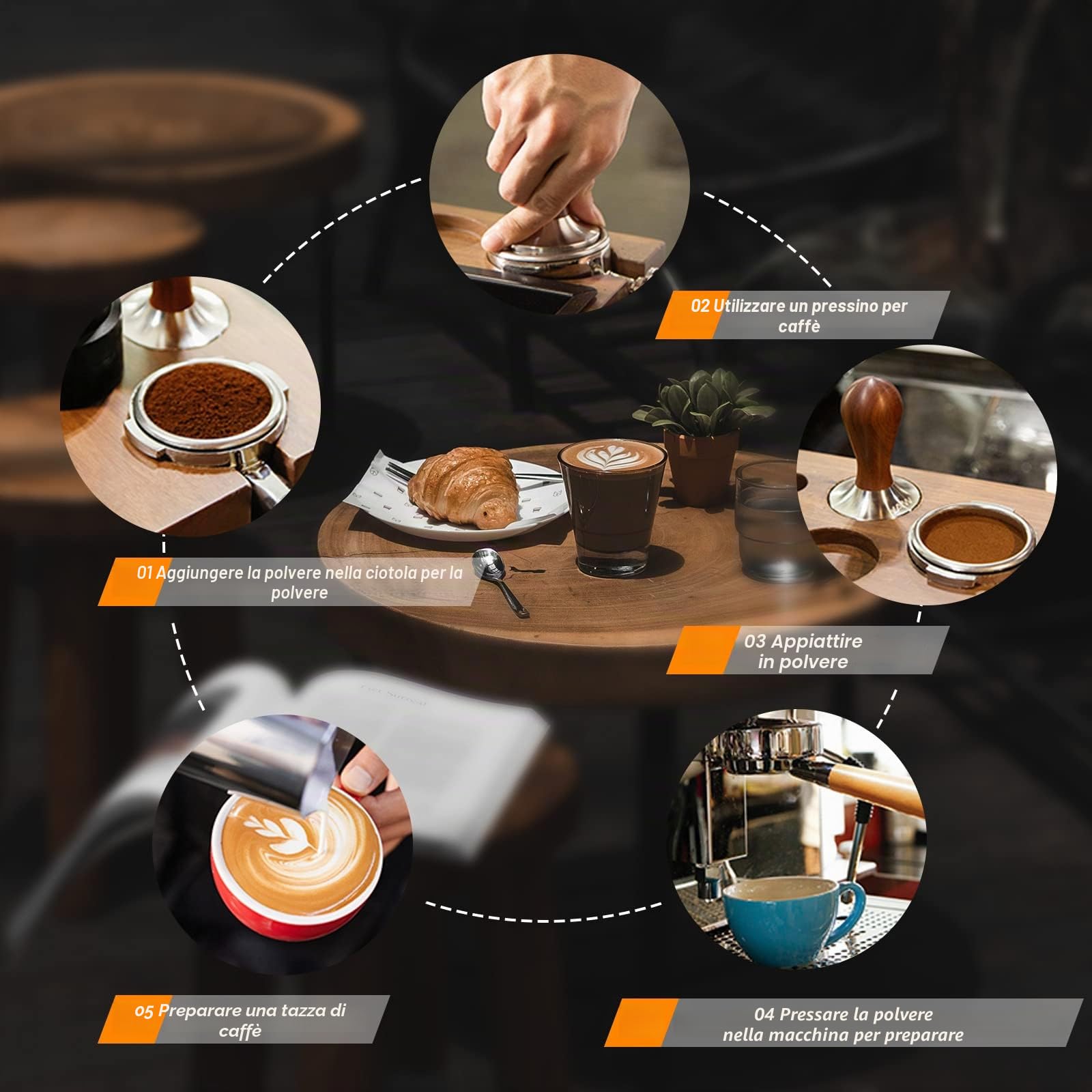 Tamper Caffè 51mm e Tamper Pressino per Caffè - Brocca Latte 350ml, Penna Latte e Stencil Decorativi per Espresso