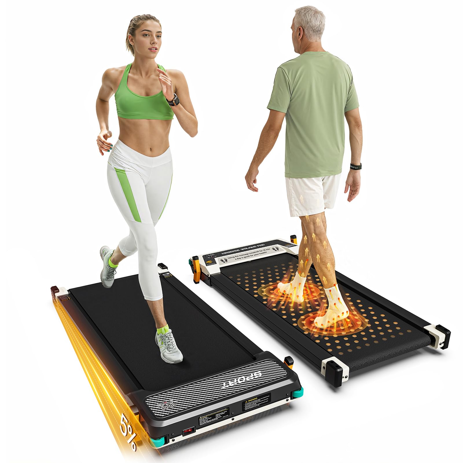 2 Side Walking Pad Treadmill with Incline Massage Function, 2 in 1 Under Desk Treadmills Walking Pad and Foot Massager for Home/Office, Portable Treadmill with Remote Control LED Display