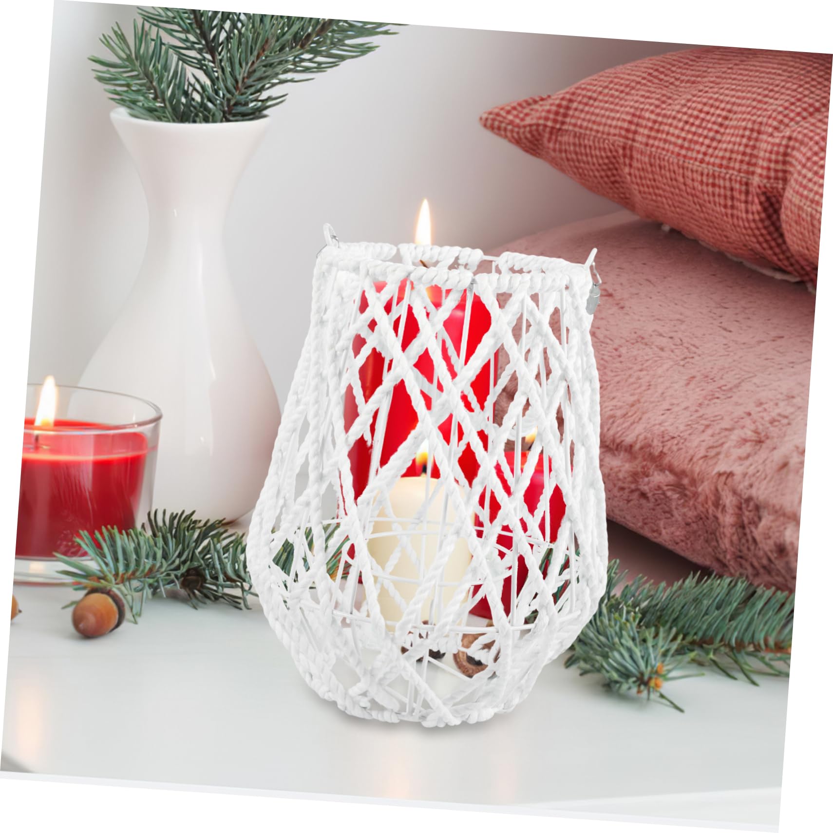 SHINEOFI Farol de Vela Tejido Blanco de Hierro y Hilo de Algodón, Candelabro Decorativo Geométrico para Decoración del Hogar y Jardín, Estilo Artístico