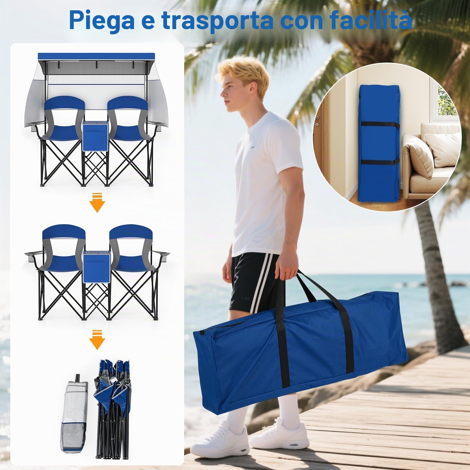 GIANTEX Set di 2 sedie da campeggio pieghevoli con tettuccio parasole, mini tavolo, borsa termica e porta bevande, sedia pieghevole per 2 persone, modello 2 blu scuro